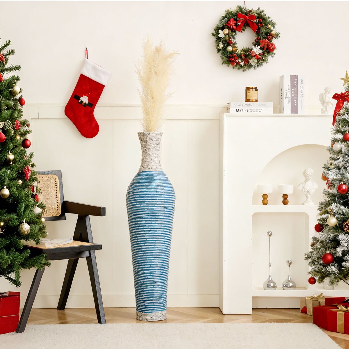AEELLEEA Blue White Striped Woven Floor Vase, 39"H x 5.5" Opening, Tall Decor Dry Vase for Pampas Grass, Living Room Entryway Home Decor