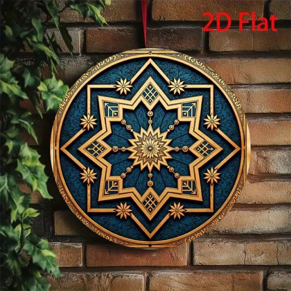 AEELLEEA-Blue Star Geometric Round Aluminum Tin Sign, 7.88 Inch 2D Flat Printed Islamic Style Wall Plaque, Waterproof Metal Art Decor