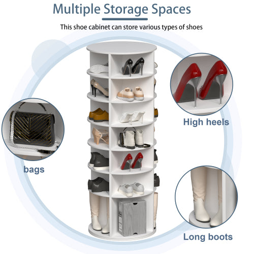 AEELLEEA 7-Tier Rotating Shoe Rack Tower, 360° Freestanding Spinning Shoe Organizer, White PVC Storage Holder for Heels, Boots and Handbags