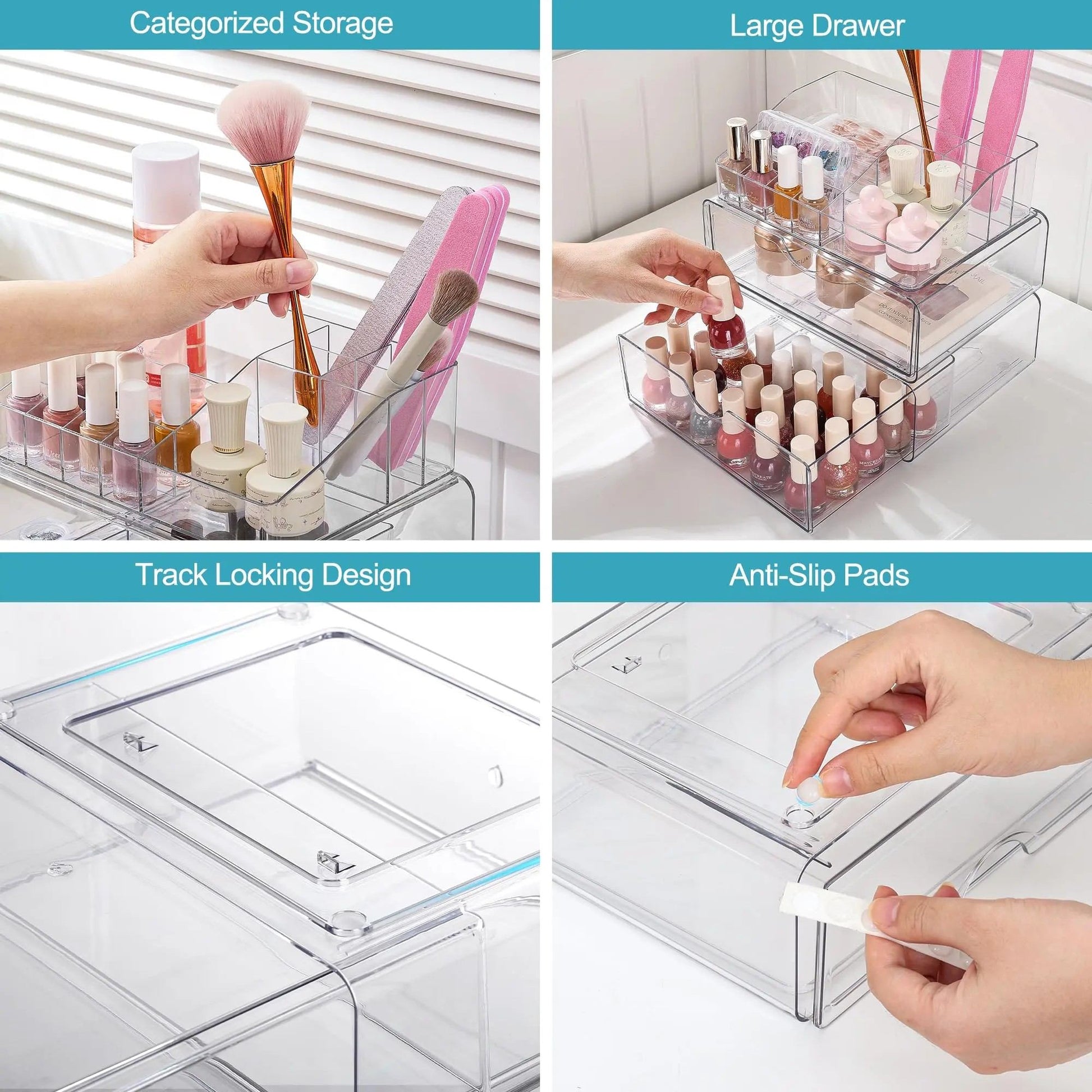 Clear Stackable Makeup Organizer with 2 Drawers, 3-Tier Cosmetic Storage with Divided Top Tray, Non-Slip Vanity Holder for Skincare Brushes