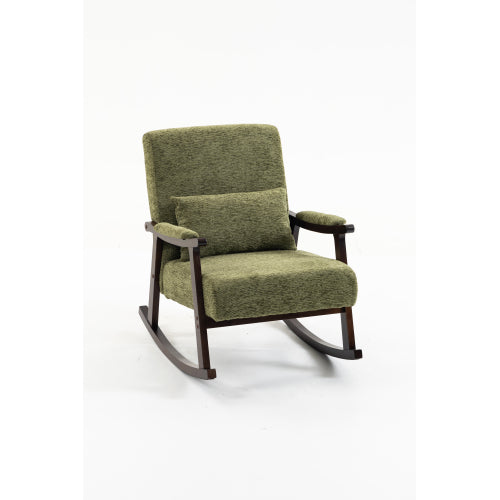 Mid-Century Modern Rocking Chair, Olive Green Upholstered Rocker with Wood Frame Lumbar Pillow, Nursery Glider for Living Room Bedroom