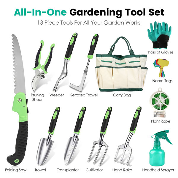 13 Piece Gardening Tool Set, Aluminum Garden Tools with Bag and Gloves