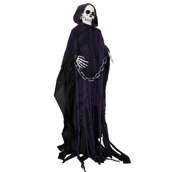 Red LED glowing eyes, manually-movable head, male voice, sound-activated, battery-operated (batteries not included)
