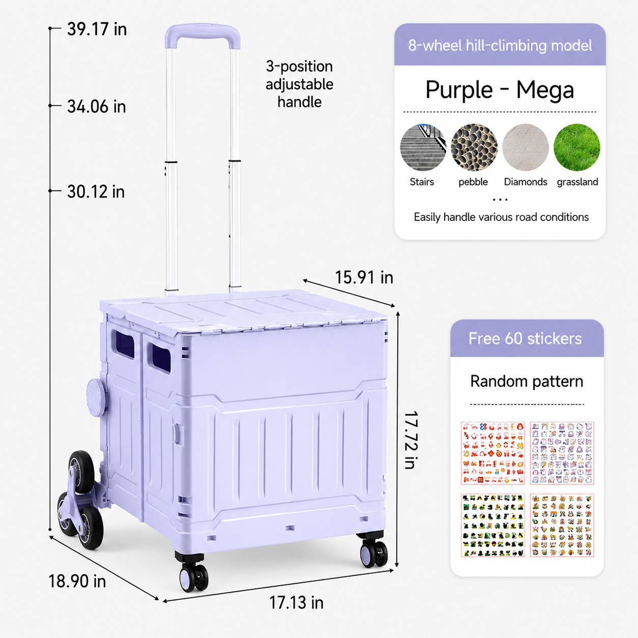AEELLEEA Foldable Utility Cart with Lid, Portable Rolling Crate with Telescopic Handle & Stair Climbing Wheels, Collapsible Shopping Cart for Grocery, Picnic & Camping