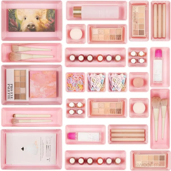 Aeelleea 25Pcs Drawer Organizer Tray Set, 4 Sizes Pink Plastic Storage Bins, Multi Purpose Dividers for Makeup, Kitchen, Office and Bathroom