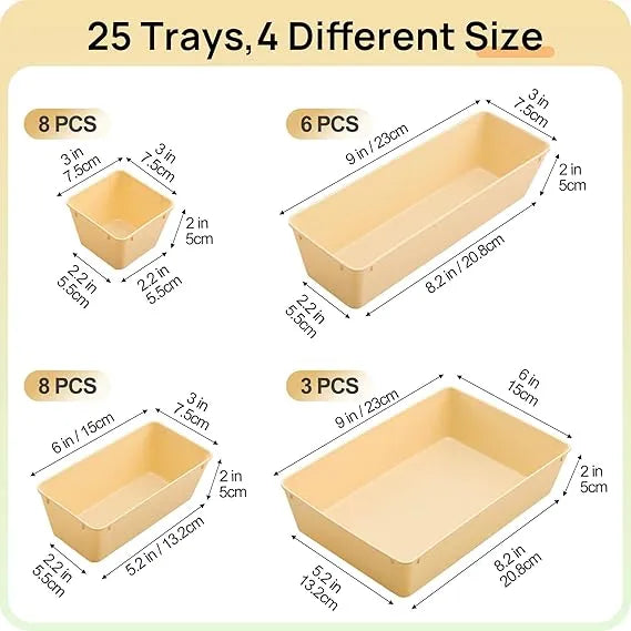 Aeelleea 25Pcs Drawer Organizer Tray Set, 4 Sizes Beige Plastic Storage Bins, Multi Purpose Dividers for Makeup, Kitchen, Office and Bathroom