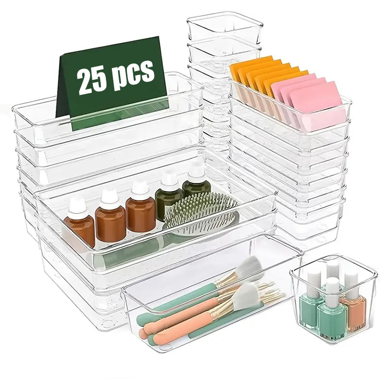 25 Pack Clear Plastic Drawer Organizer Trays, 4 Size Storage Bins with Non-Slip Mats, Multi-Use Drawer Dividers for Vanity Makeup, Jewelry, Kitchen Utensils, Bathroom & Office Desk Storage