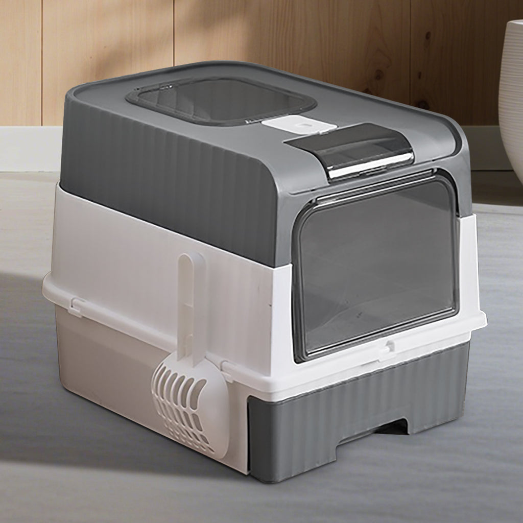 Enclosed Cat Litter Box with Lid, Anti-Tracking Fence, Drawer Tray & Scoop, Odor Control, Large, for Indoor Cats - Black, Gray, Blue, Pink