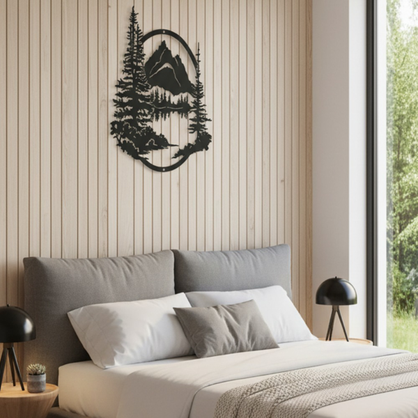 Black Metal Mountain Wall Art, 15.35" Forest Lake Tree Silhouette Wall Decor, Nature Landscape Wall Hanging for Living Room Bedroom Cabin Porch
