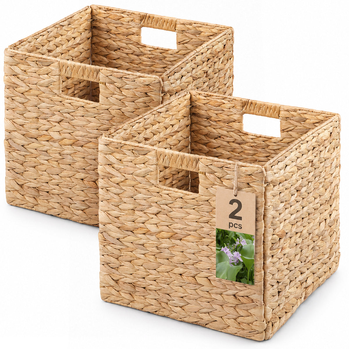 Water Hyacinth Folding Storage Baskets, Set of 2, 12.6" x 12.6" x 12.6", Handwoven Cube Baskets with Cutout Handles – Shelf Organizer