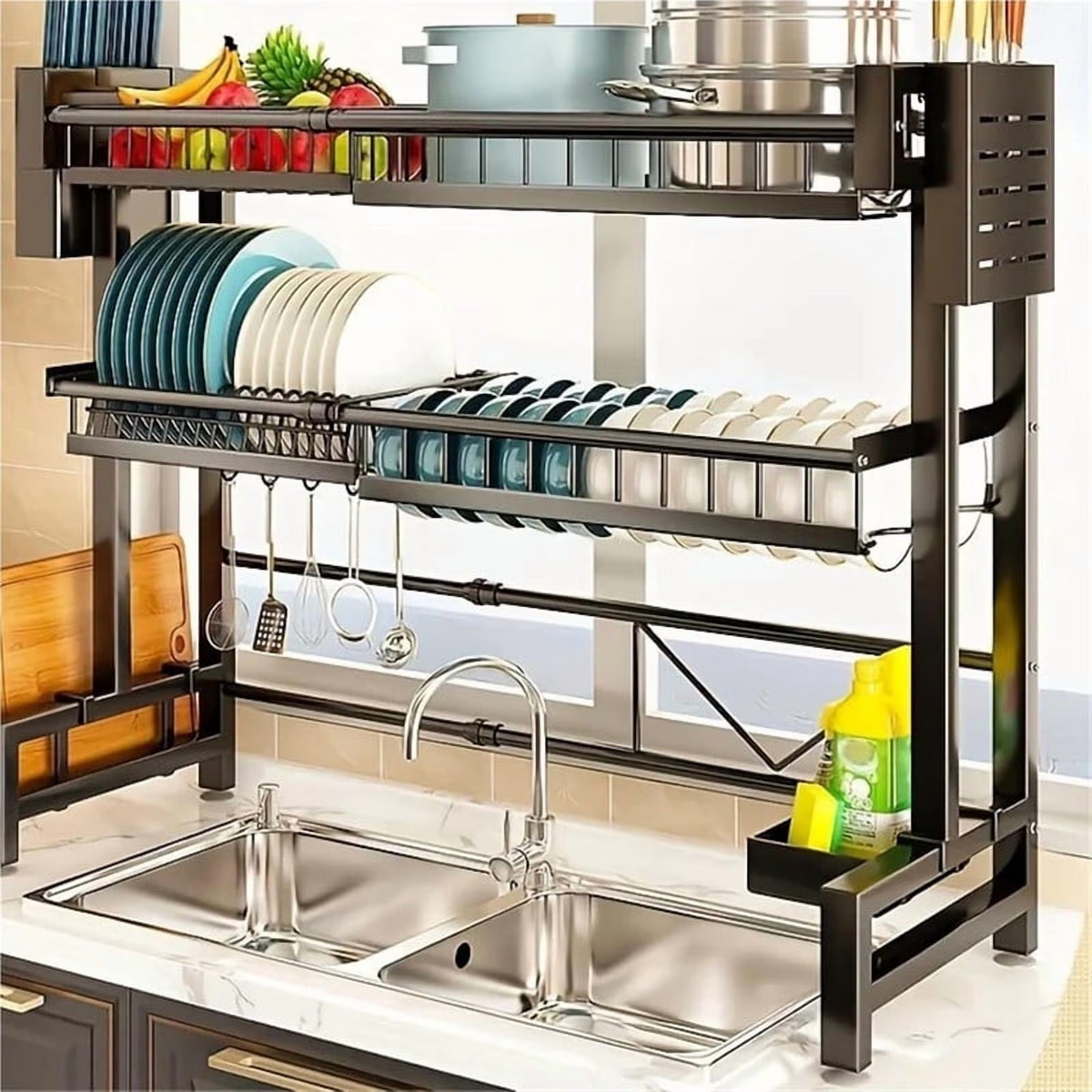 AEELLEEA-Over The Sink Dish Drying Rack, Telescopic 2 Tier Large Capacity Dish Rack, Kitchen Counter Storage Shelf for Plates Bowls Pots