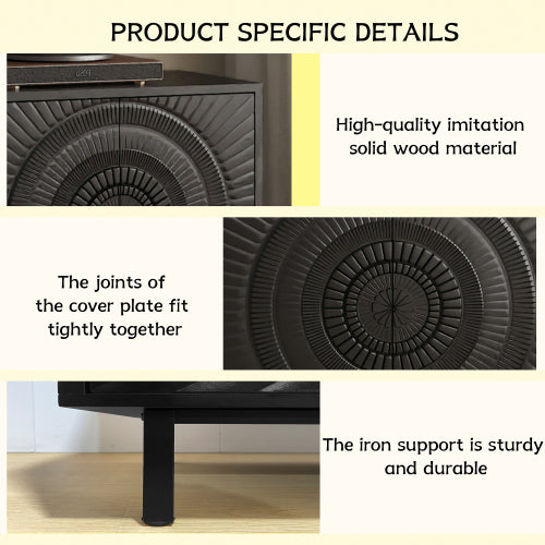 AEELLEEA Modern Black Sideboard Buffet Cabinet with 4 Doors, 3D Circular Pattern Storage Cabinet with Metal Legs for Dining Room