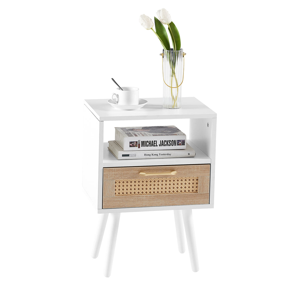 AEELLEEA- Rattan Side Table, Rectangle White End Table with Solid Wood Legs, MDF Frame, 120lbs Load Capacity