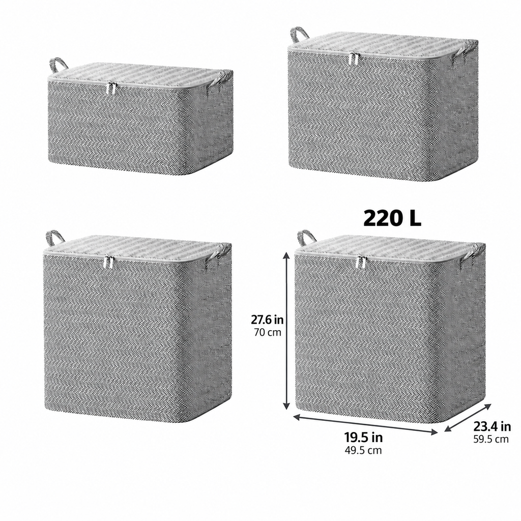 220L Large Fabric Storage Bin with Zipper Lid, Herringbone Foldable Clothes Blanket Organizer with Handles for Closet Bedroom Laundry