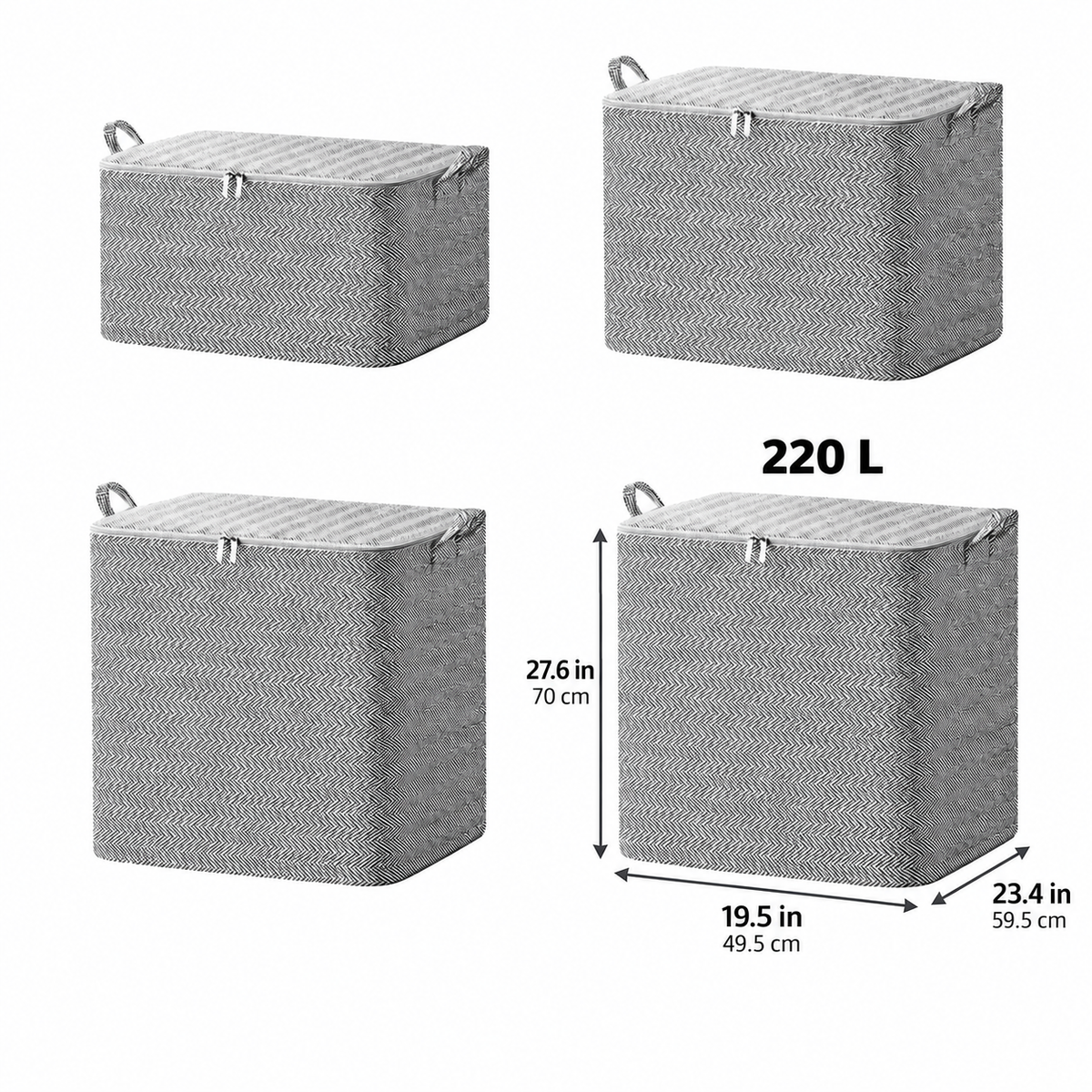 220L Large Fabric Storage Bin with Zipper Lid, Herringbone Foldable Clothes Blanket Organizer with Handles for Closet Bedroom Laundry