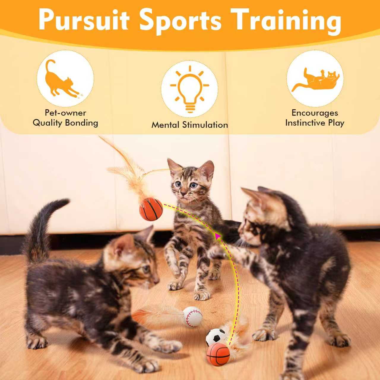 3 Pack Interactive Cat Ball Toys: Bouncy Elastic Balls with Natural Feathers for Indoor Cats & Kittens