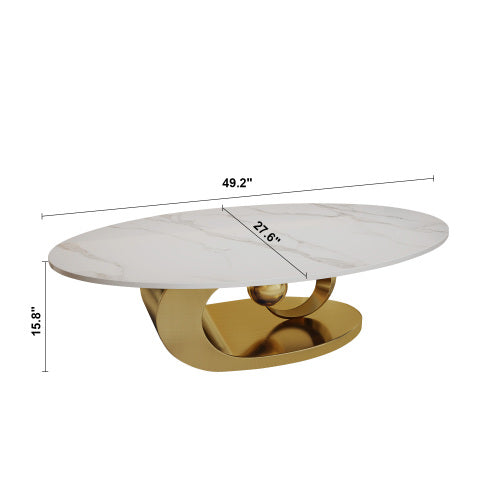 Modern Oval Coffee Table, Faux Marble White Top with Gold Metal Sculptural Base, Luxury Living Room Tea Table