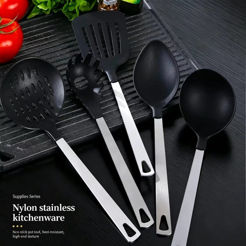 AEELLEEA-Cooking Utensil Set Premium 5 Piece Kitchen Utensil Set - Stainless Steel Handle and Nylon Faucet, Non-Stick, Heat Resistant, For Home, Gift