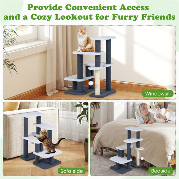 AEELLEEA 30-Inch Cat Tree with Multi-Level Cat Stairs, Sisal Scratching Post and Hanging Plush Ball, Gray and White