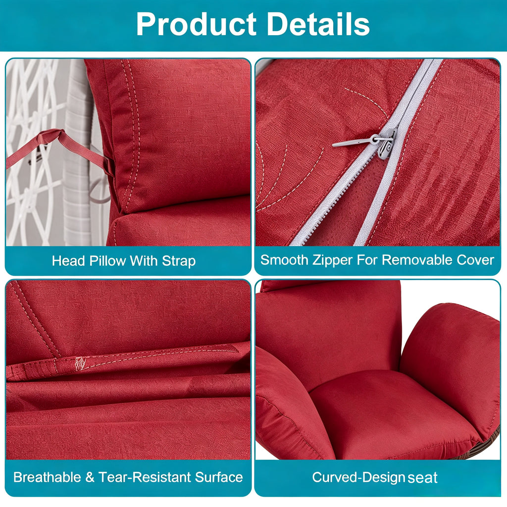 Hanging Egg Chair Cushion with Head Pillow, Thick Hollow Cotton Replacement Pad, Removable Washable Polyester Cover for Indoor Outdoor Wicker Swing Chair