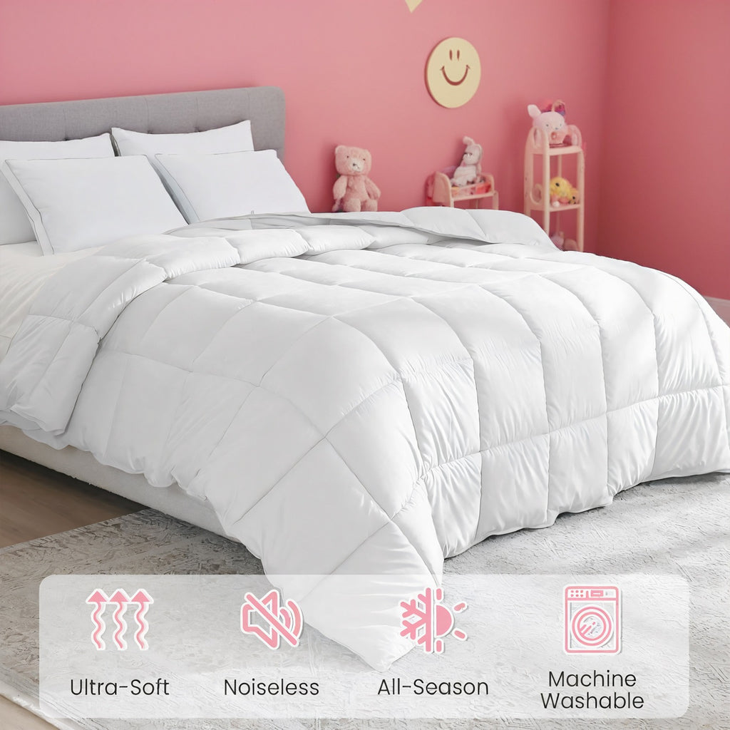 White Quilted Comforter, Ultra Soft Microfiber Duvet Insert, Breathable Machine Washable Fluffy Bedding, Cute Aesthetic for Girls Bedroom Dorm