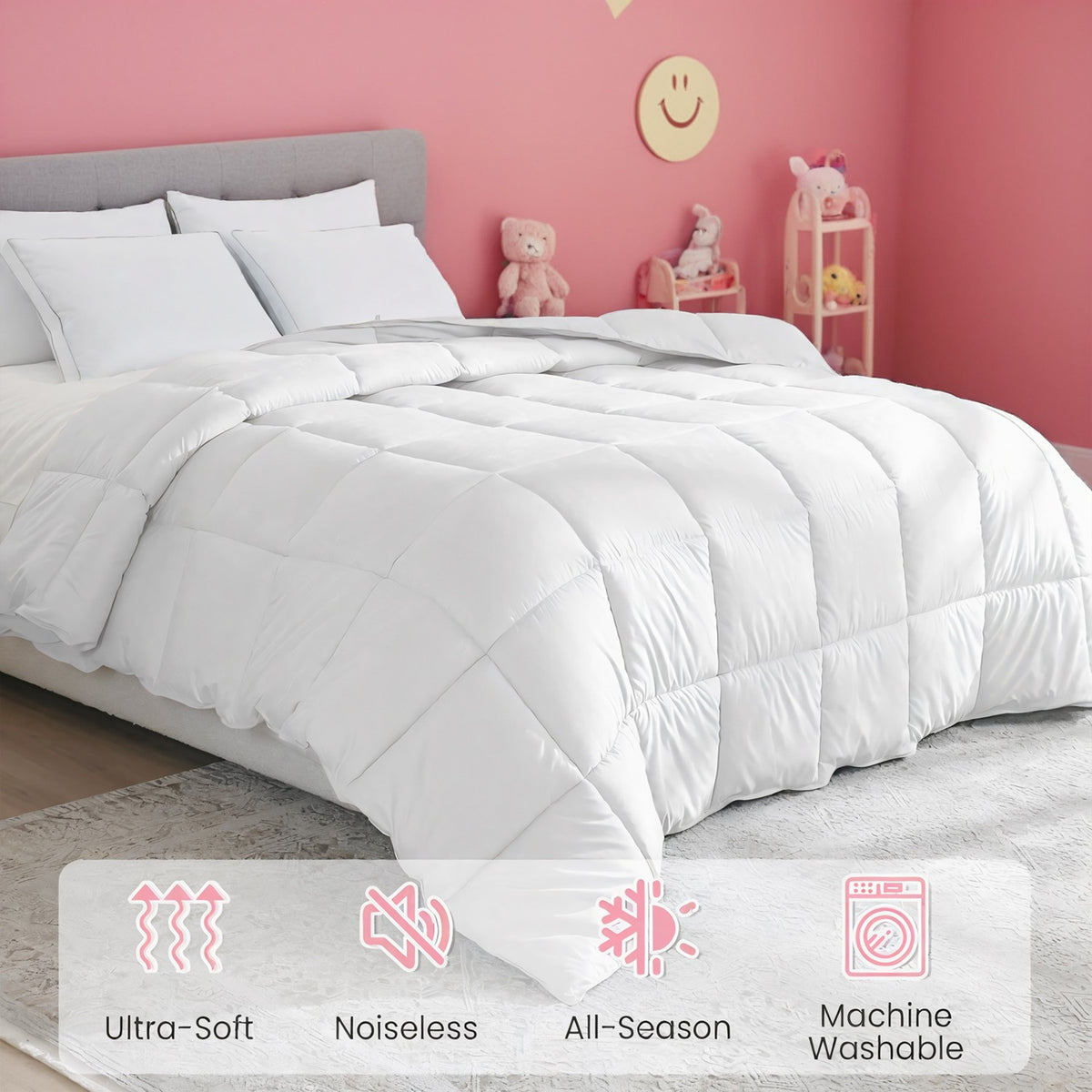 White Quilted Comforter, Ultra Soft Microfiber Duvet Insert, Breathable Machine Washable Fluffy Bedding, Cute Aesthetic for Girls Bedroom Dorm