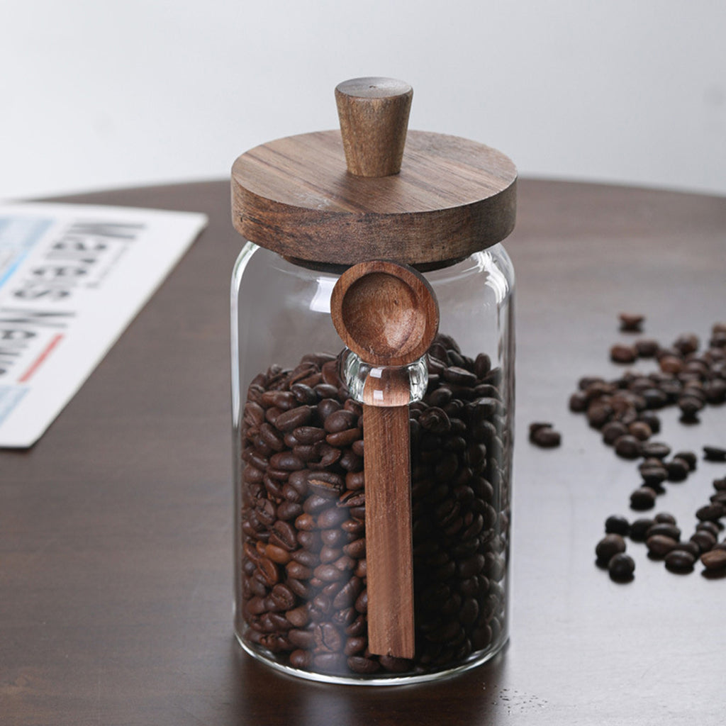 Glass Coffee Bean Storage Jar with Wooden Lid and Spoon, Clear Kitchen Canister, 15/18.5/25 oz