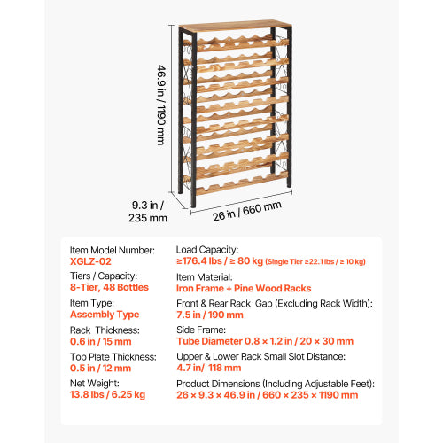 48 Bottle Wine Rack, 8 Tier Freestanding Wine Storage Cabinet with Wood Top, Black Metal Floor Standing Wine Rack