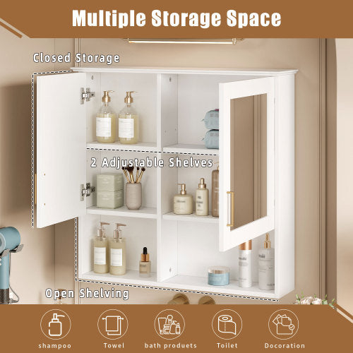 AEELLEEA 30" Bathroom Medicine Cabinet with Mirror, Wall Mounted Storage Cabinet with 2 Doors, Adjustable Shelves and Open Storage, White