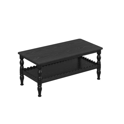 AEELLEEA 43.3" Black Farmhouse Coffee Table with Storage Shelf, Rustic Rectangular Living Room Center Table with Turned Legs