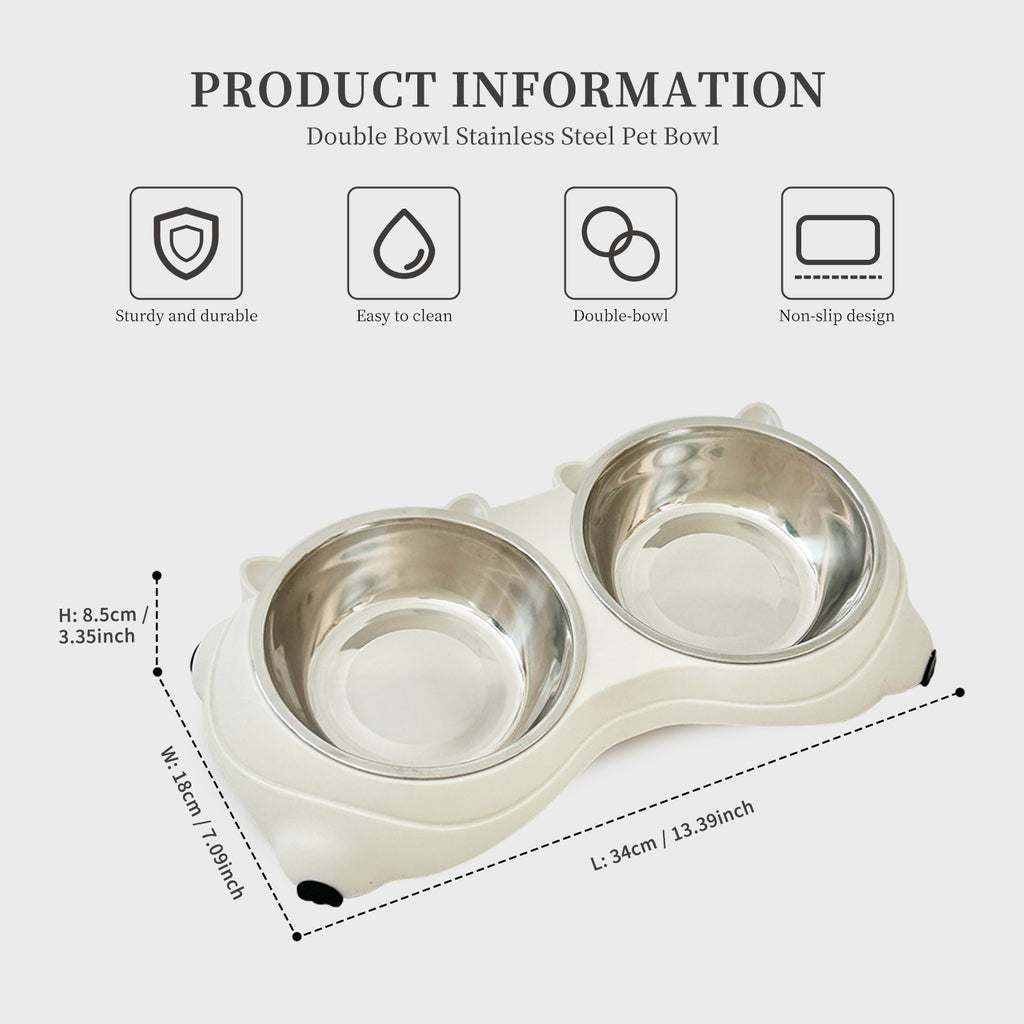 Stainless Steel Double Pet Bowl with Non-Slip Base, 15° Ergonomic Tilt, Food & Water Bowls for Cats and Small Dogs, White Bear