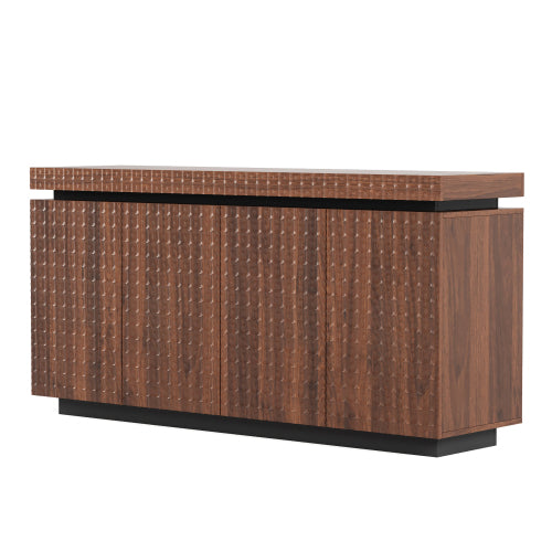 AEELLEEA Modern Walnut Brown Sideboard Buffet Cabinet with 4 Doors, 3D Geometric Textured Storage Cabinet for Dining Room