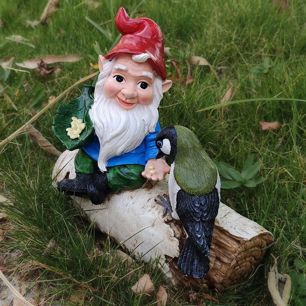 Garden Gnome Statue Feeding Bird on Birch Log, Resin Outdoor Dwarf Figurine Bird Feeder, Weatherproof Decor for Yard, Lawn, Patio, Cute Ornament Gift for Garden Lovers