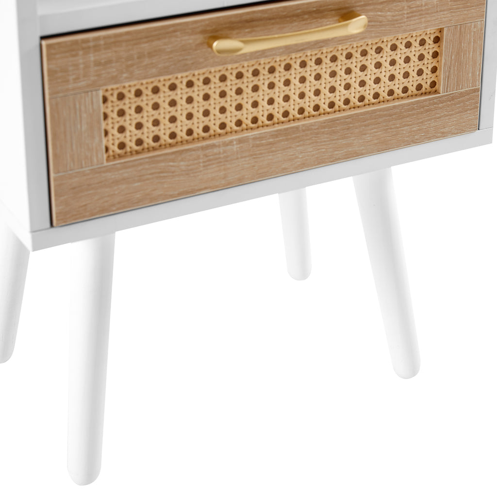 AEELLEEA- Rattan Side Table, Rectangle White End Table with Solid Wood Legs, MDF Frame, 120lbs Load Capacity