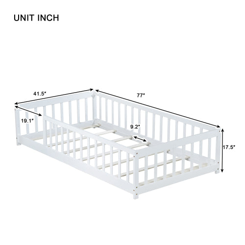 AEELLEEA Twin Size Montessori Floor Bed with Guardrails, Wooden Kids Bed Frame with Slats and Low Entry, White
