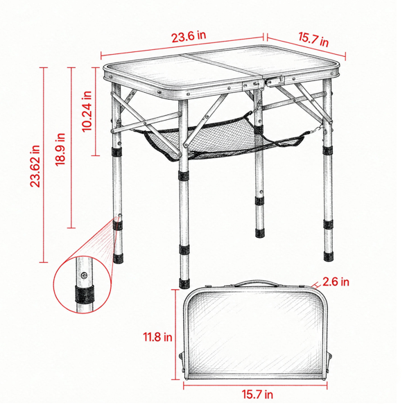 Folding Camping Table, Portable Aluminum Picnic Table with Adjustable Height and Mesh Shelf, Lightweight Outdoor Beach Table