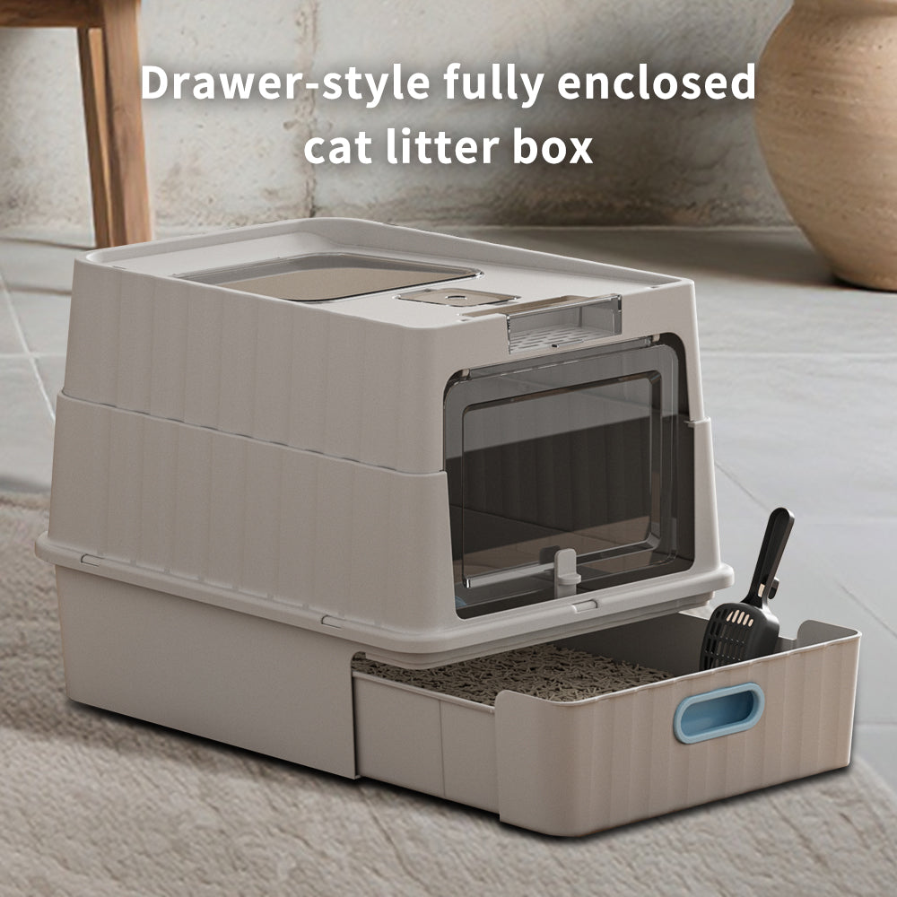 Convertible Enclosed Cat Litter Box with Pull-Out Drawer, Front Door, Top Vent Panel & Litter Scoop, Gray, 19.69" x 13.78" x 13.78"