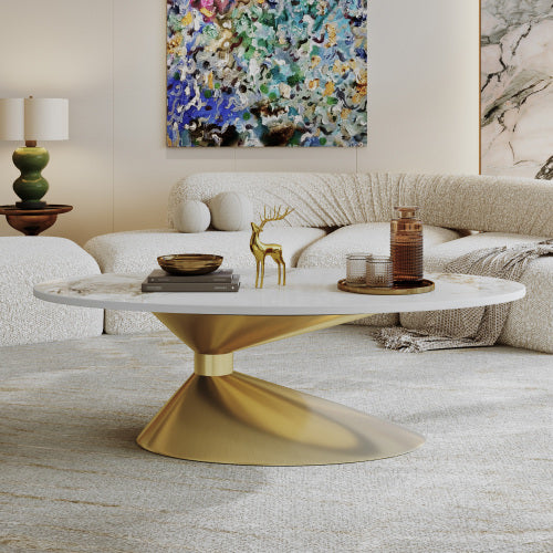 Coffee Table 49.2 Inch, Oval Marble Look Table with Conical Gold Base, Modern Luxury Living Room Center Table