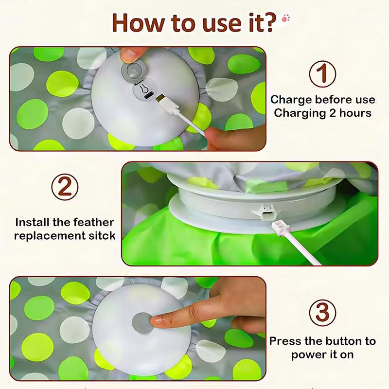 AEELLEEA Universal Size Touch-Activated Cat Toy - Moving Concealed Feathers, Real Mouse Squeak, Indoor Exercise Toy, Green