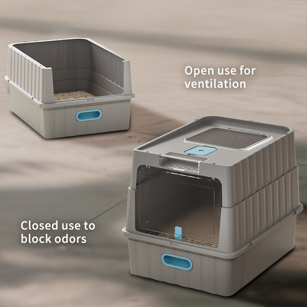 Convertible Enclosed Cat Litter Box with Pull-Out Drawer, Front Door, Top Vent Panel & Litter Scoop, Gray, 19.69" x 13.78" x 13.78"