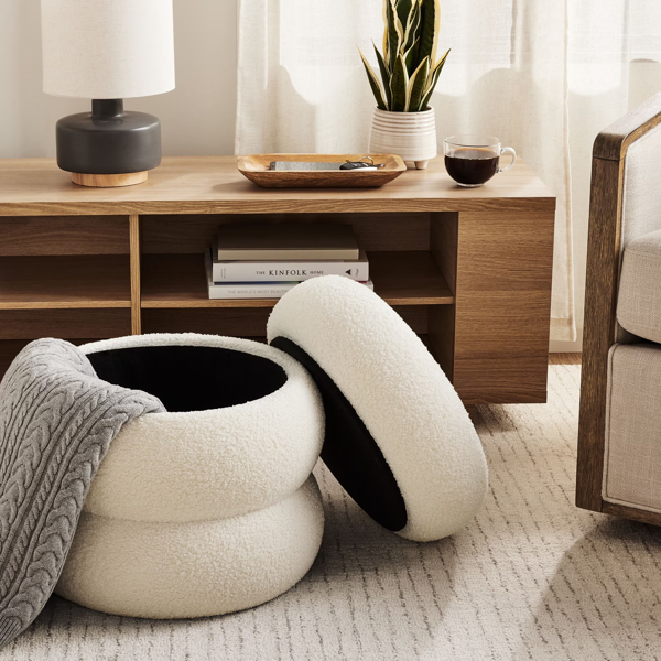 AEELLEEA 17" Round Boucle Storage Ottoman with Removable Lid, Upholstered Accent Stool for Living Room and Bedroom, Ivory