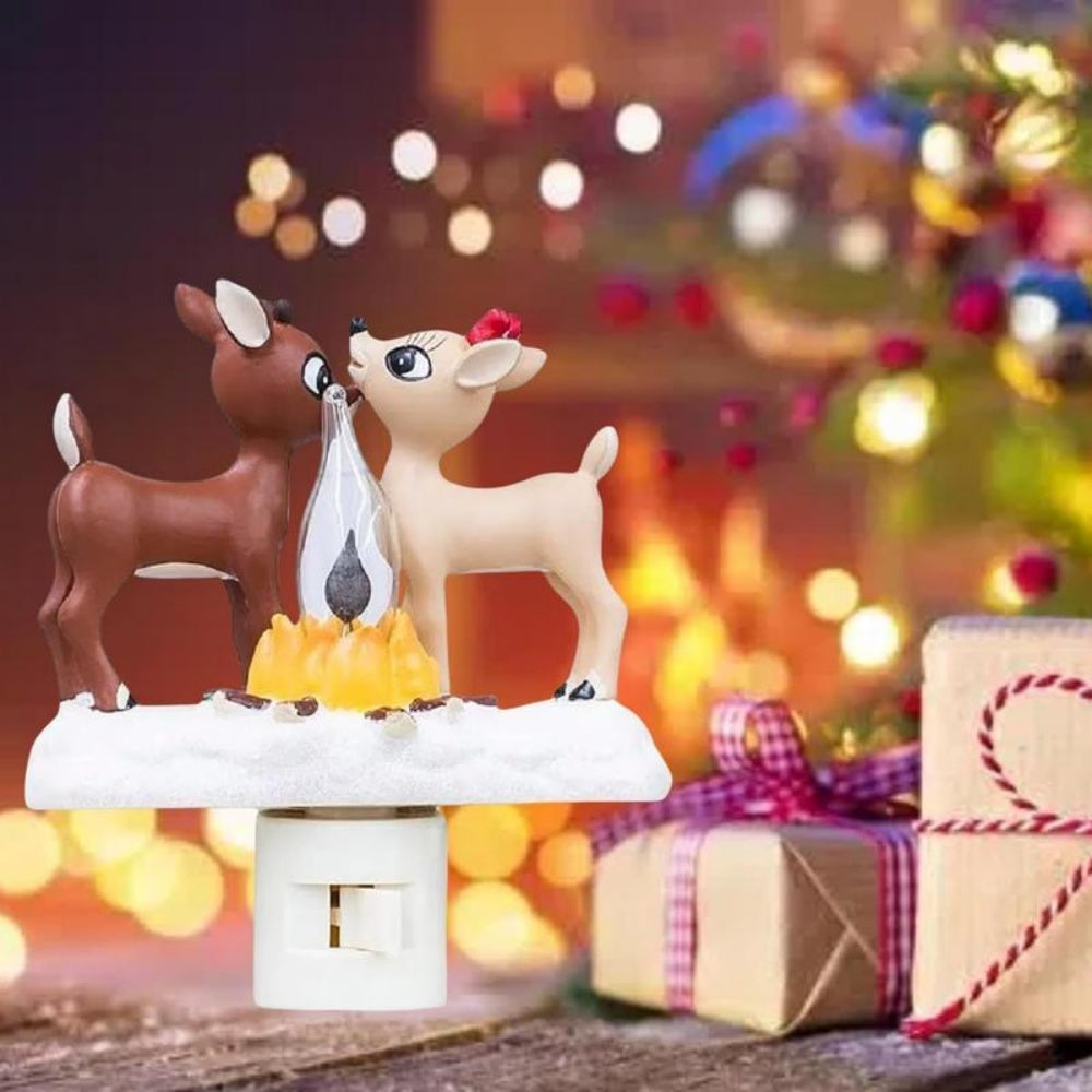Reindeer Night Light with Flickering Flame–LED Faux Campfire Lamp for Christmas & Halloween Decor, Warm White Twinkling Nightlight for Living Room