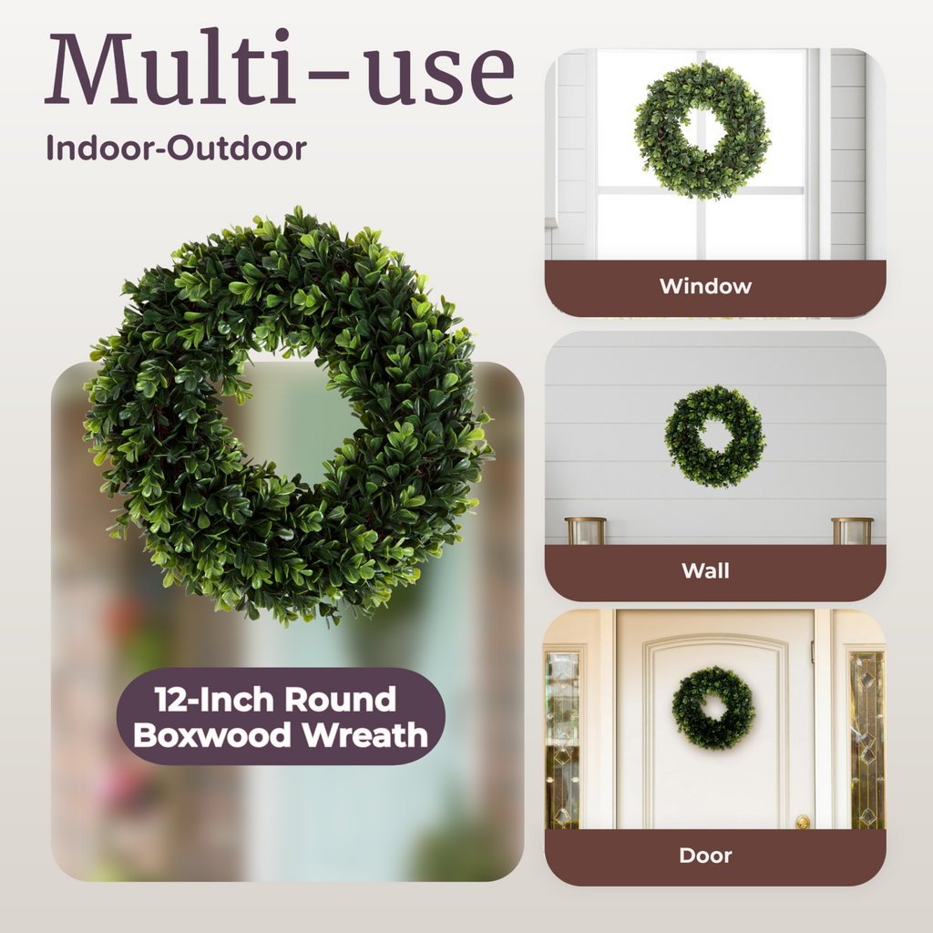 AEELLEEA 12 Inch Artificial Boxwood Wreath, UV Resistant Faux Greenery Wreath, All Season Indoor Outdoor Wreath for Front Door Window Wall Home Decor
