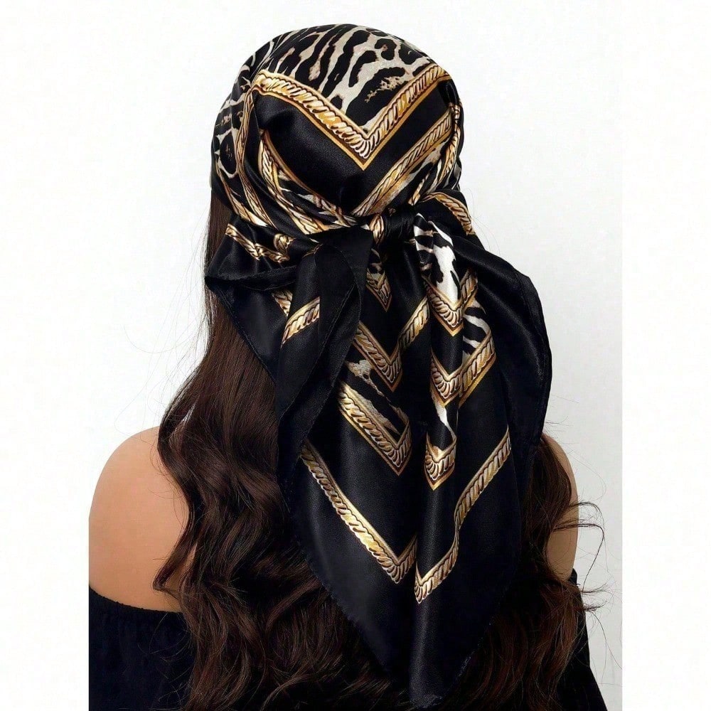 Black Gold Leopard Print Satin Square Scarf,Luxury Animal Pattern Neck Scarf Wrap for Women Hair Wrapping, Party Daily Accessory