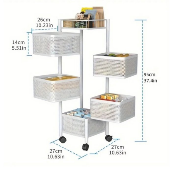 AEELLEEA 5-Tier Rotating Kitchen Storage Cart, Metal Mesh Basket with Lockable Wheels, Mobile Organizer for Kitchen & Bathroom