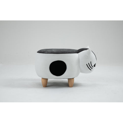 AEELLEEA Cat Shaped Ottoman with Cat Cave, Multi-Functional Foot Stool with Solid Wood Legs, Pet House & Seat for Living Room