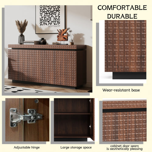 AEELLEEA Modern Walnut Brown Sideboard Buffet Cabinet with 4 Doors, 3D Geometric Textured Storage Cabinet for Dining Room