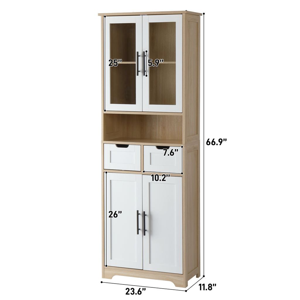 AEELLEEA Tall Storage Cabinet with Glass & Solid Doors, 23.6"x11.8"x66.9" Wooden Freestanding Cabinet with 2 Drawers