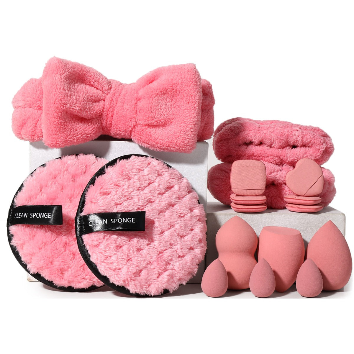 12-Piece Dusty Pink Makeup Kit, Includes Makeup Sponges, Powder Puffs, Headband & Storage Bag, Multi-Size Tools for Beginners.