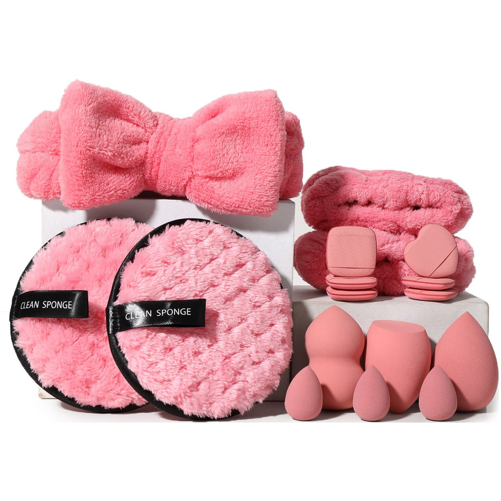 12Pcs Pink Makeup Tool Set, Beauty Blenders, Powder Puffs, Bow Headband, Multi-Size Cosmetic Applicator Kit for Beginners